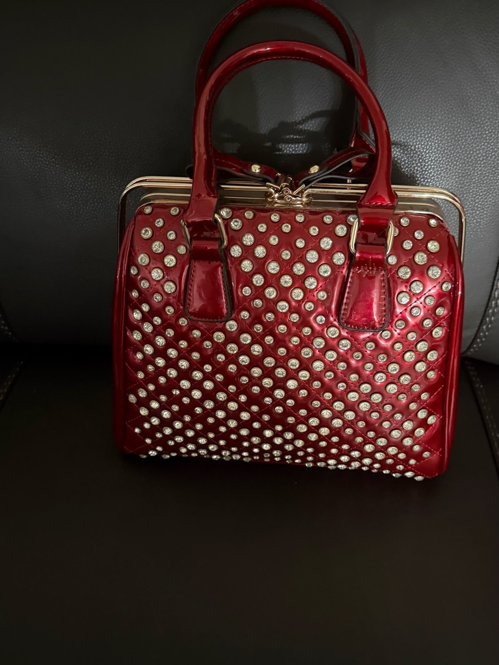 Red Studded Patent Satchel Bag